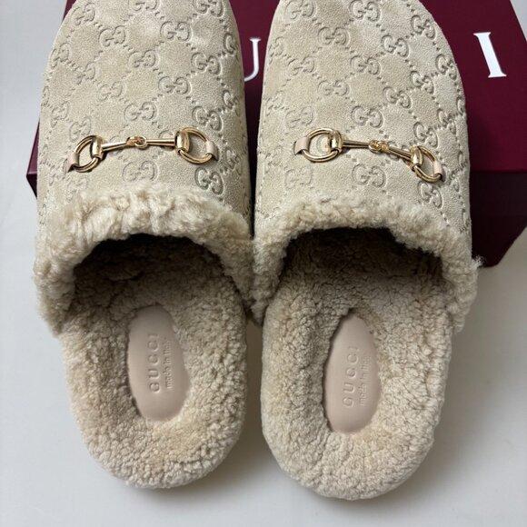 Horsebit Gucci GG Suede Shearling Mules - Picture 6 of 6